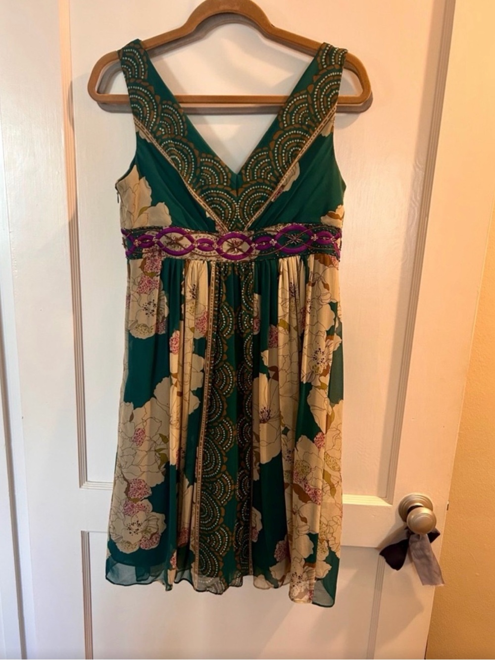 Adrianna Papell Teal Floral V-Neck Dress with Purple Embellished Waist - Picture 8 of 13